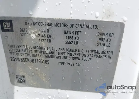 2011 Chevrolet Impala Lt z USA, uszkodzony, nr VIN 2G1WB5EK9B1195169